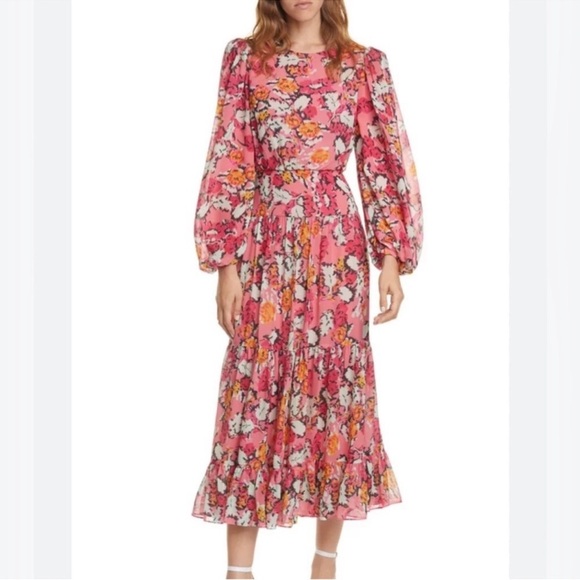 SALONI  Isabel Floral Long Puff Sleeve 100%
Silk Maxi Dress Size 0 - Picture 1 of 12